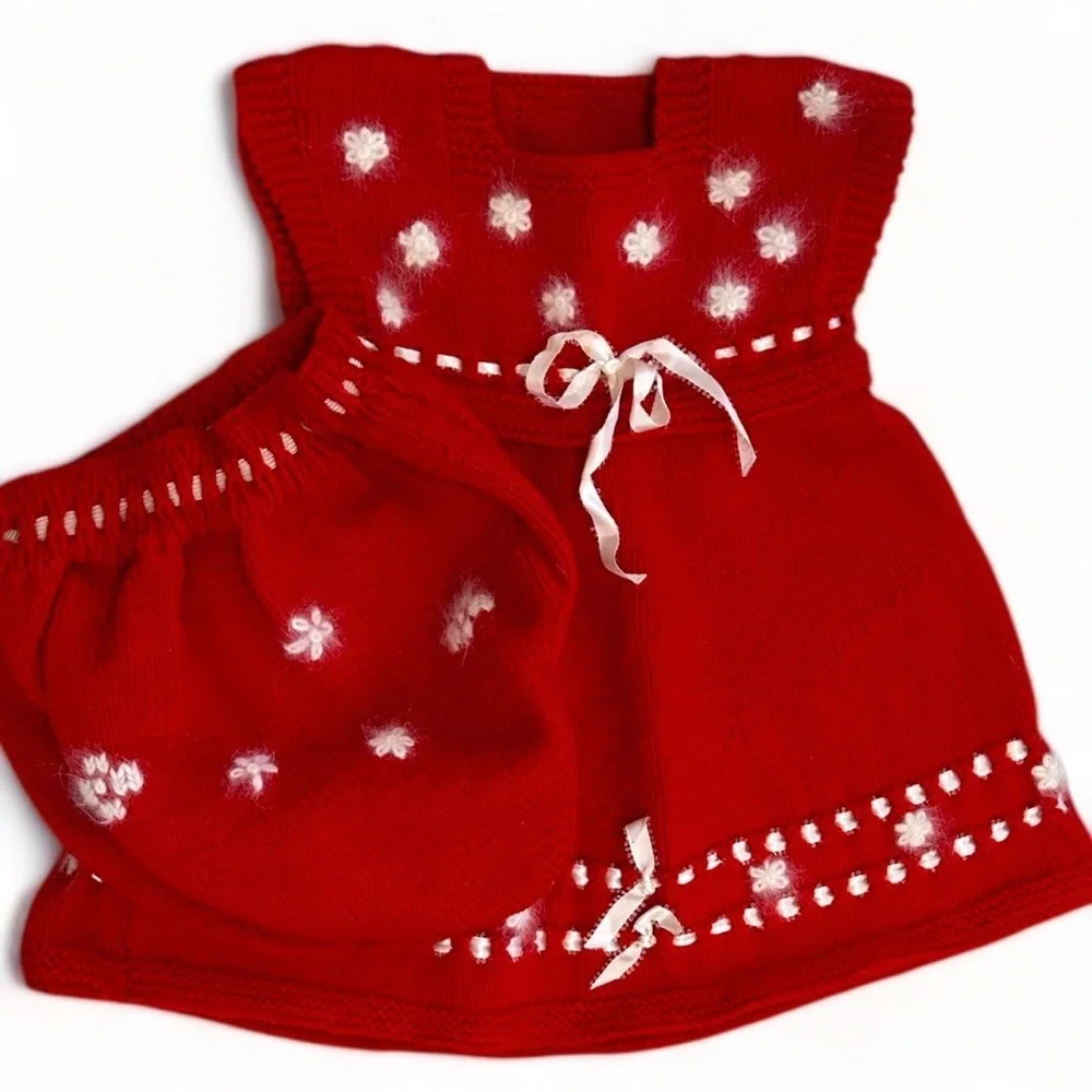 Red Knitted Baby Dress with White Accents